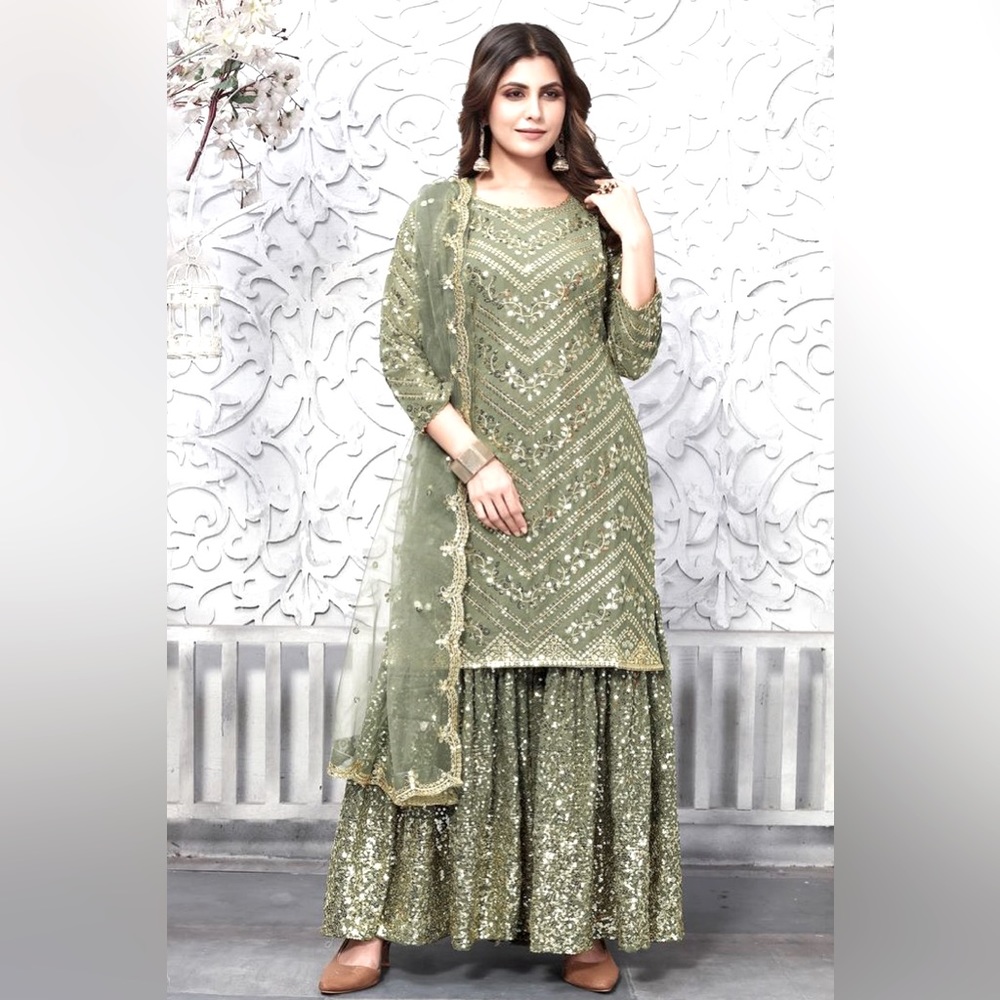 Green Faux Georgette Sequence Work Sharara Suit